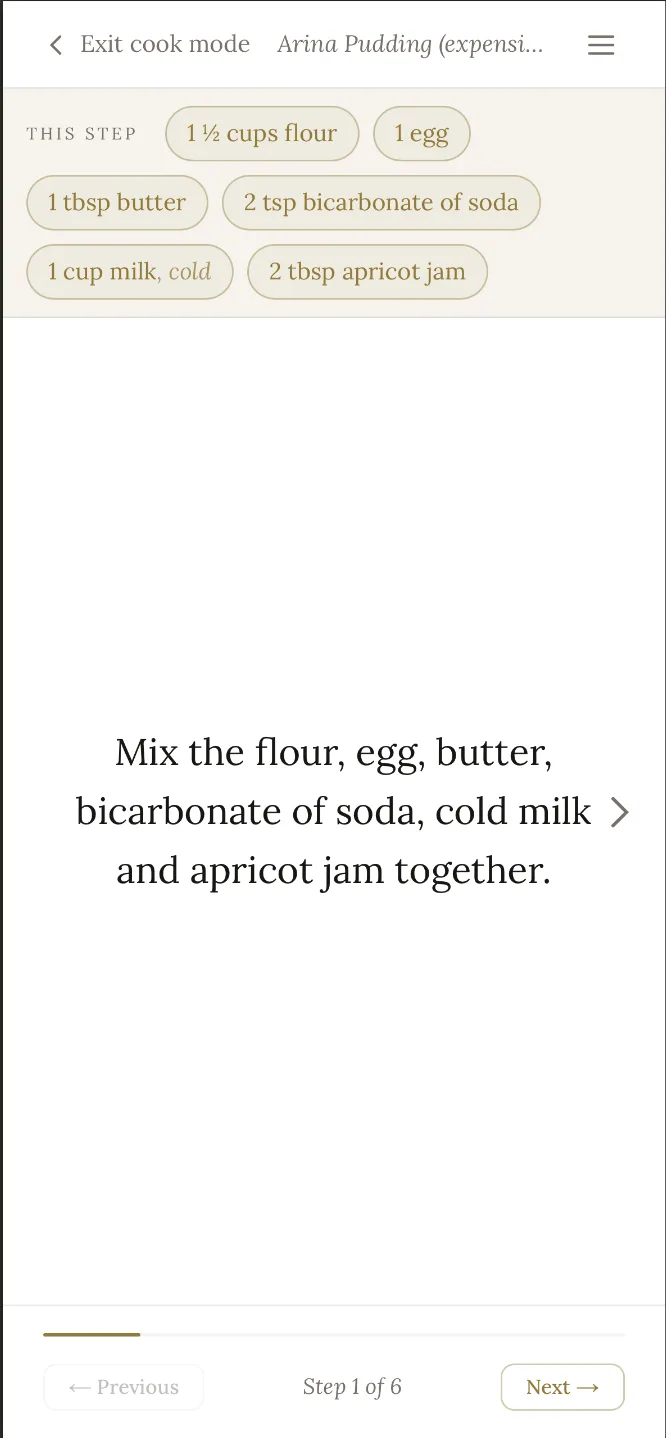 Malva's cook mode on a phone, one step at a time
