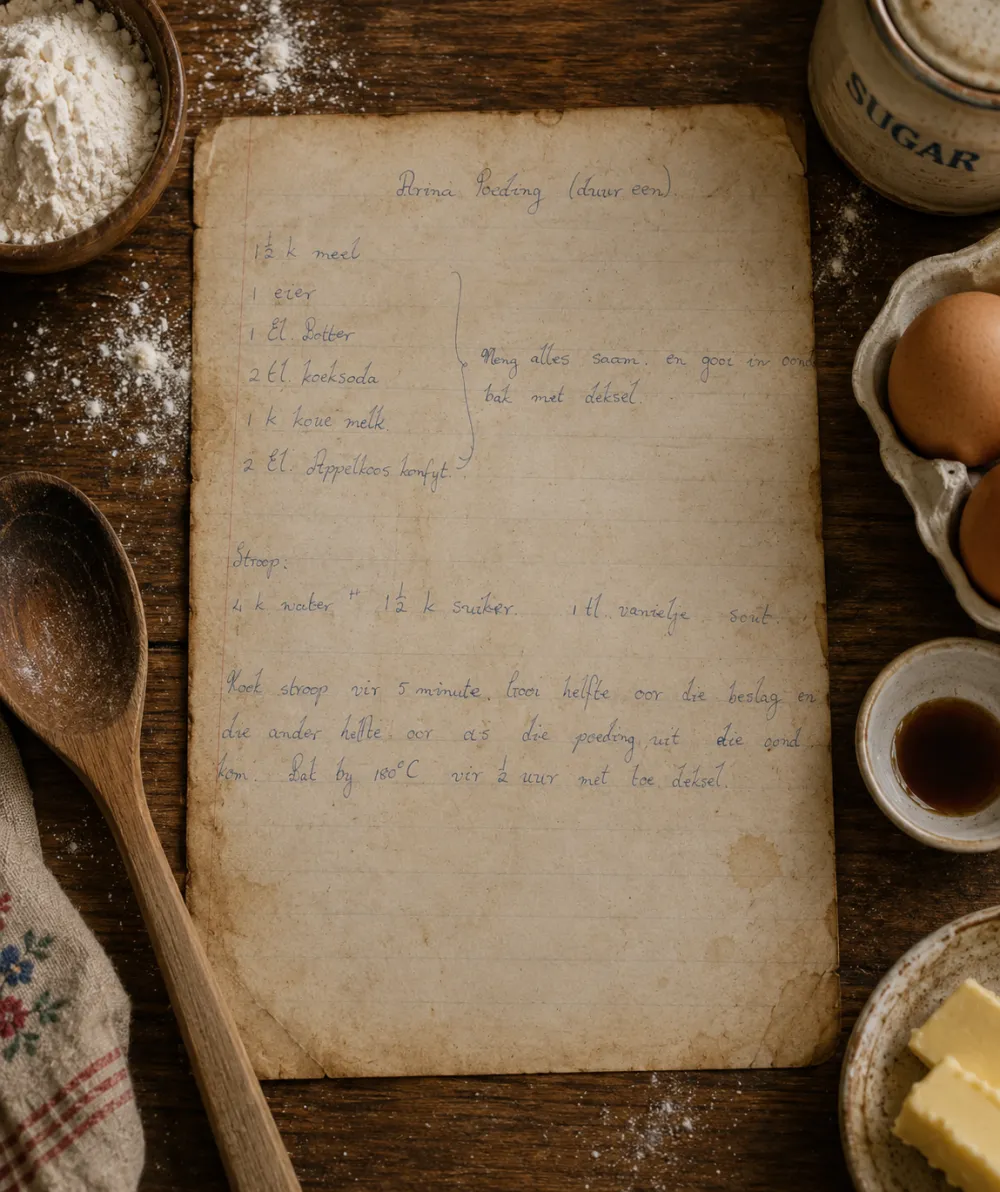 A handwritten Afrikaans recipe card for Arina Poeding