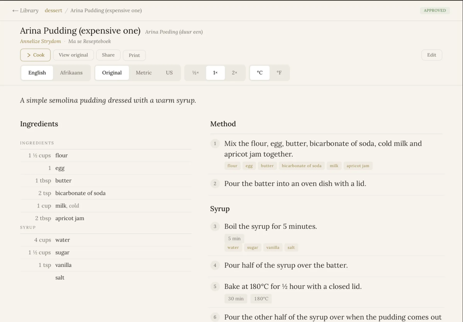 A finished recipe in Malva's read mode